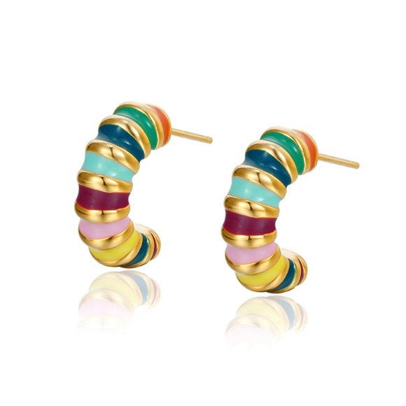 Enamel Earrings 925 Sterling Silver Croissant Earrings 14k Gold Plated - Picture 1 of 8